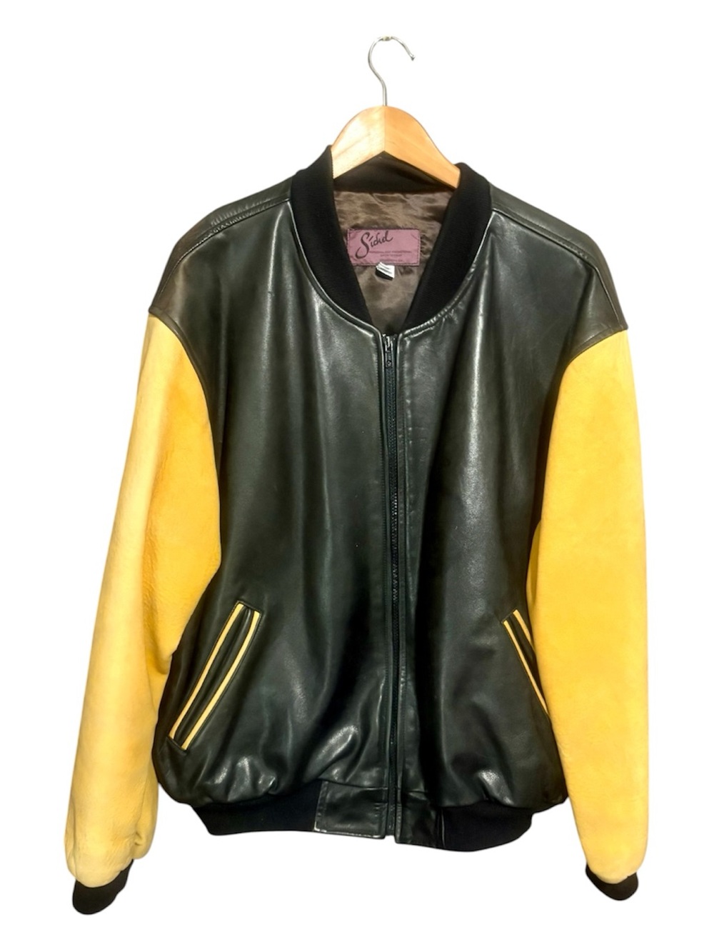SICHEL Vintage Universal City Employee Black Leather Bomber with Yellow Sleeves - Picture 2 of 11